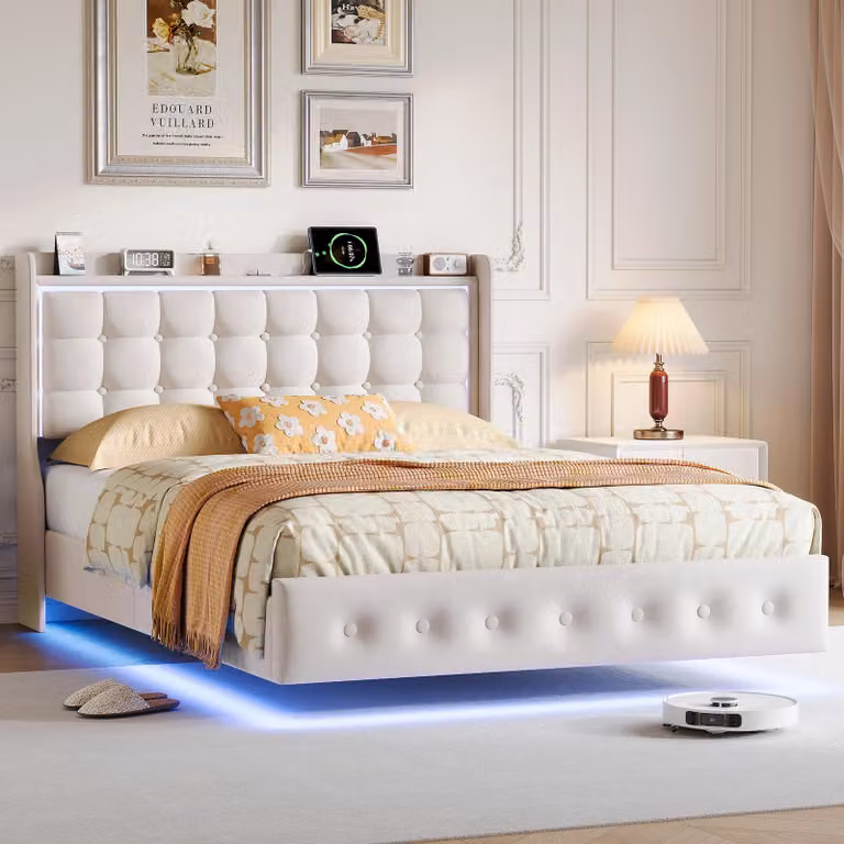 Letto imbottito ProximaX 160x200 cm in velluto con illuminazione a LED e stazione di ricarica USB, letto matrimoniale con contenitore, testiera e rete a doghe, letto moderno in beige