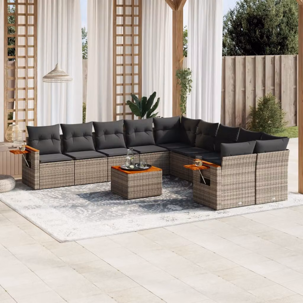 vidaXL Set Divani da Giardino 11 pz in Polyrattan Grigio con Cuscini e Tavolino da Esterno a Forma di L – 1