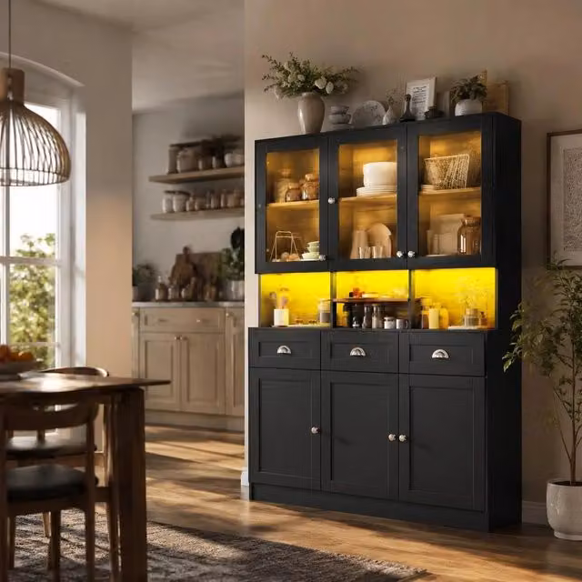 Armadietto contenitore alto da cucina con ante vetrina e ripiani regolabili, madia buffet in MDF per organizzare soggiorno e sala da pranzo, bianco e nero, 140x40x175 cm, capiente e moderna