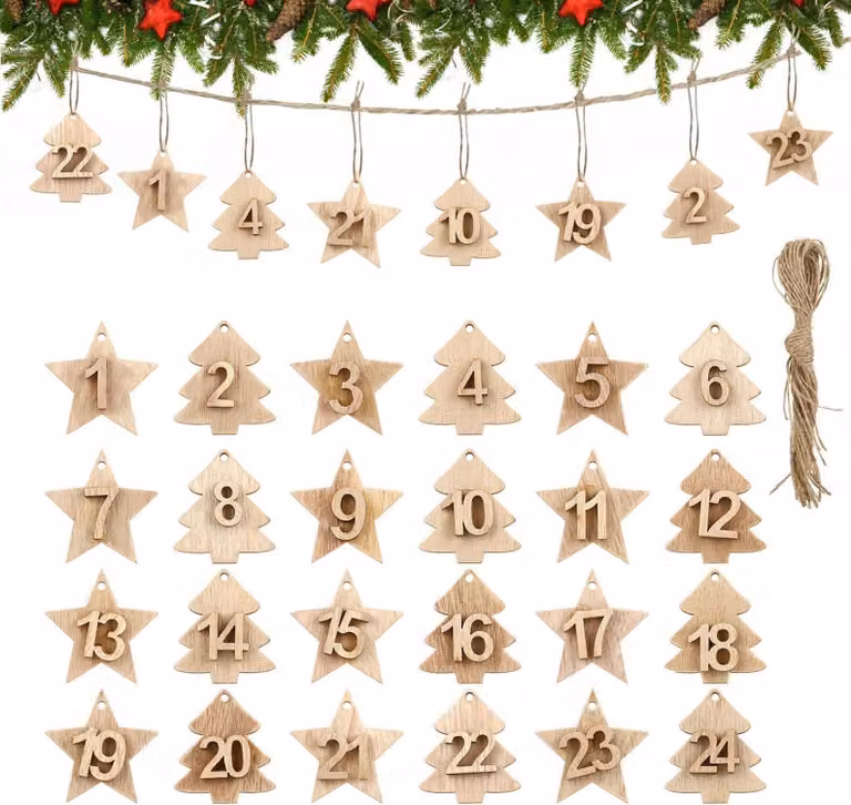 LIHAO Calendario dell'Avvento 24 numeri in legno ciondolo albero di Natale conto alla rovescia decorazioni in legno