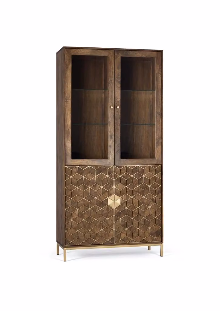 Vetrina moderna Giner y Colomer in legno di mango e metallo con ante in vetro, colore marrone e oro, L: 98 cm, P: 40 cm, H: 200 cm – 2