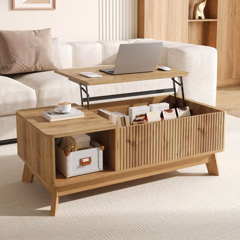 okwish Tavolino da salotto con funzione di sollevamento, effetto ondulato, con vano laterale aperto, tavolino da salotto in stile moderno, finitura naturale