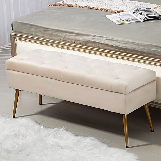 Panca contenitore OKWISH in tessuto beige con seduta trapuntata e coperchio a chiusura dolce, ideale per ingresso, camera o soggiorno, L: 120 cm, P: 35 cm, H: 43 cm