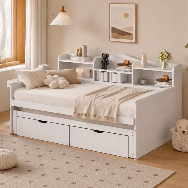 Letto Mivray con letto estraibile e vano contenitore con 2 cassetti, porta USB e mensola laterale, colore bianco, L: 90 cm, P: 200 cm