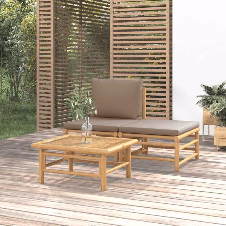 Set Salotto da Giardino vidaXL in Bambù con Cuscini, Divano a 3 Posti, Divano a 2 Posti, Tavolino e Pouf, Colore Beige/Grigio/Marrone