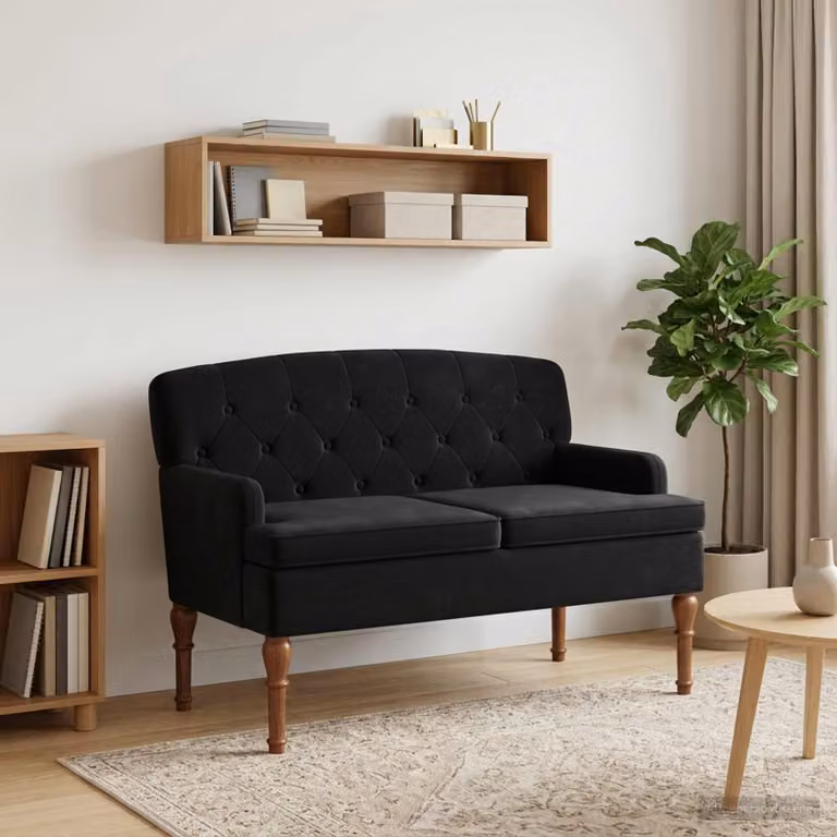 Loveseat Chesterfield vidaXL in Velluto Nero con Bottoni Imbottiti L: 111 cm, P: 65 cm, H: 79 cm