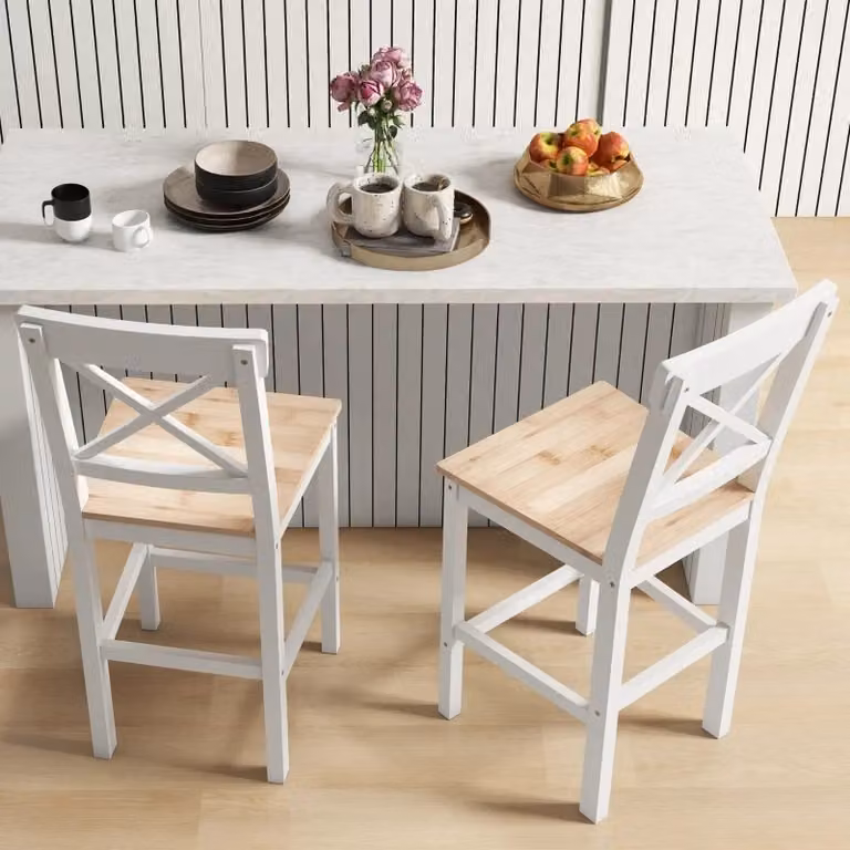 Set di 2 sgabelli da bar OKWISH in legno di pino naturale con schienale a croce e poggiapiedi antiscivolo, L/P/H: 41 x 46 x 97,5 cm