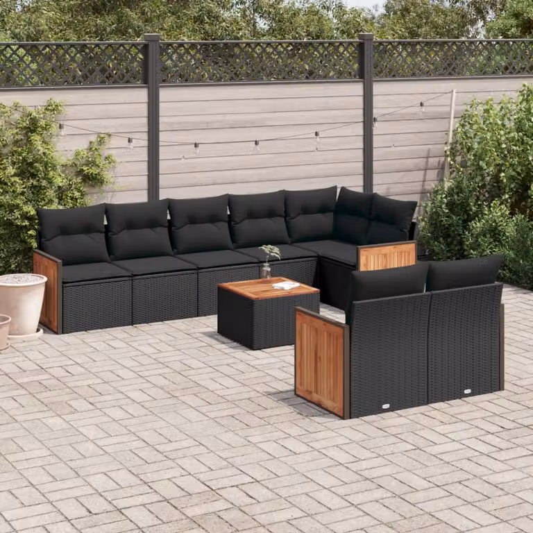 vidaXL Set Divani da Giardino 9 pz a Forma a L in Polyrattan Nero con Cuscini e Tavolino da Esterno