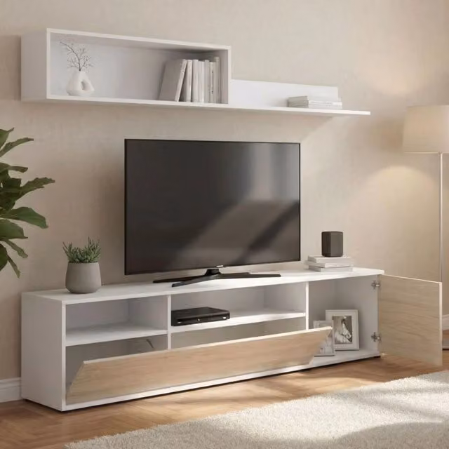 Parete attrezzata Jelawat DMORA per soggiorno, mobile salotto moderno con armadio porta TV, L 180 cm x P 35 cm x H 44 cm, Bianco e Rovere