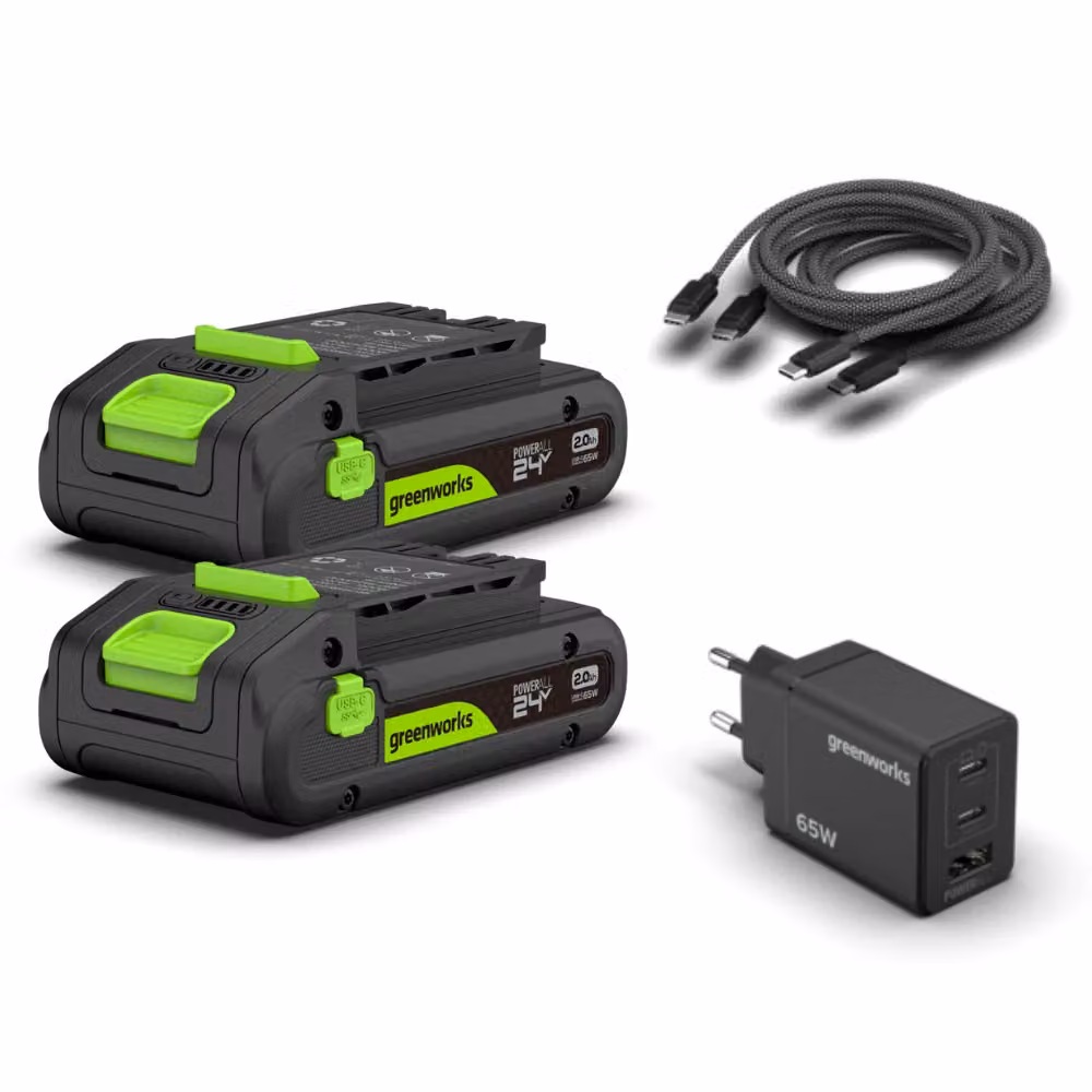 Greenworks POWERALL 24V Starter Kit 2x Batterie USB-C 2Ah + Caricatore 65W