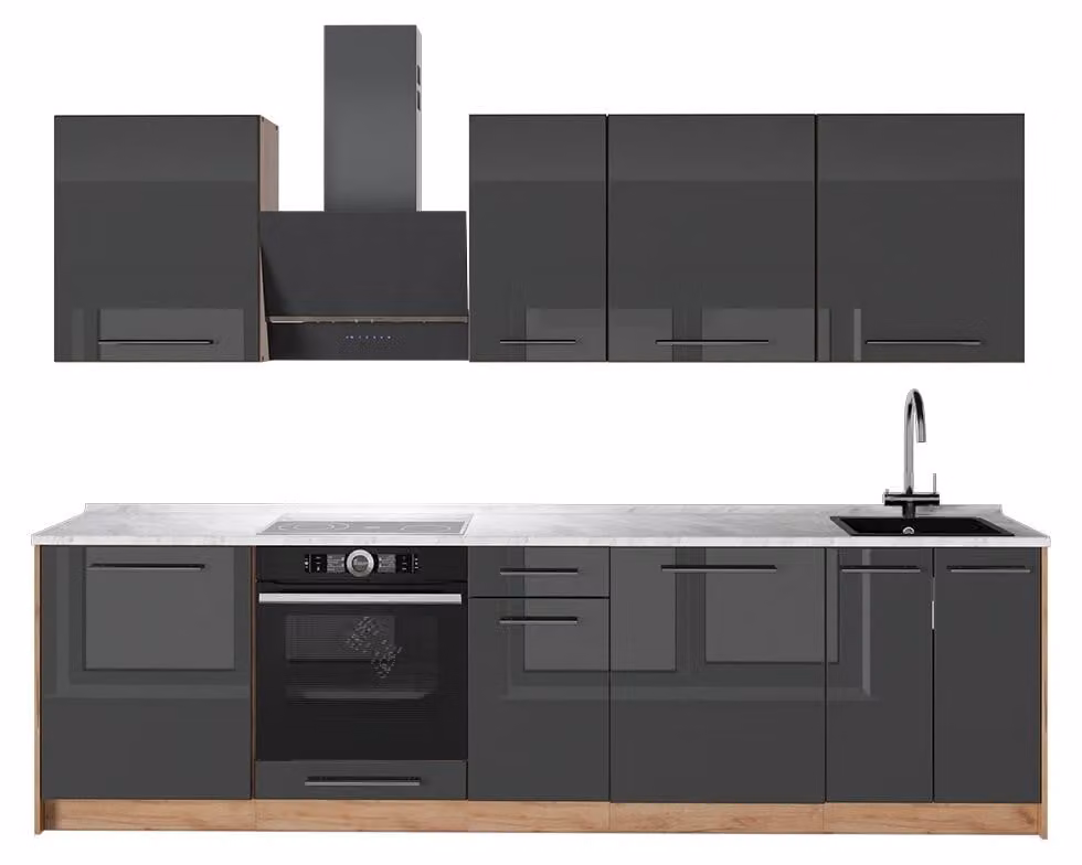 Cucina componibile Vicco Fame-Line Antracite lucido/Rovere dorato 280 cm, PL Marmo, Model 64190