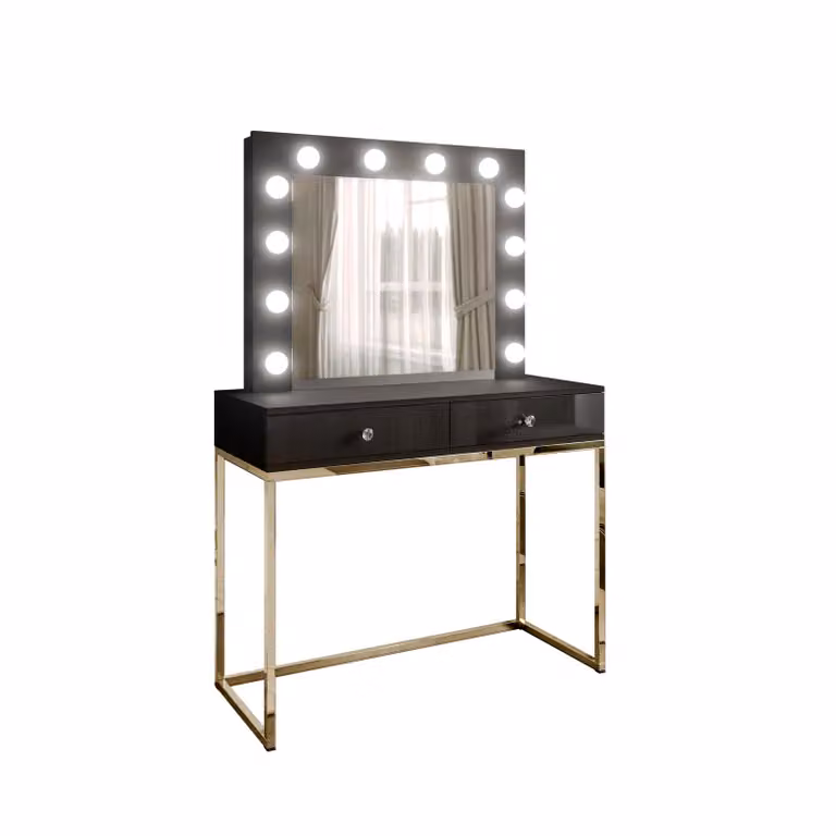 Specchiera BLANCO con specchio e illuminazione oro cromato, nero lucido, maniglie - cristallo bianco
