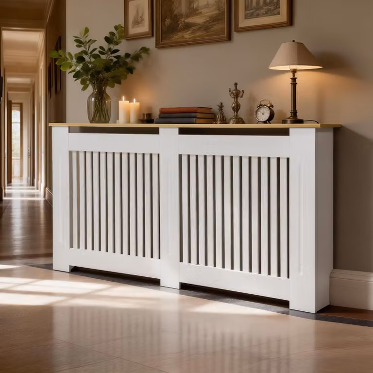 Copertura per termosifoni WISFOR con ripiano, listelli verticali, 152 x 20 x 83 cm, MDF bianco. Scaffale per termosifoni, ideale per soggiorno o camera da letto