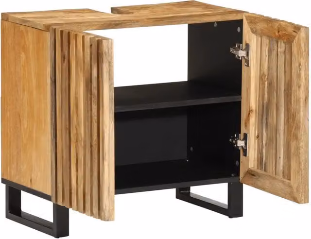 Mobile Lavabo da Bagno in Legno di Mango Grezzo Marrone con Ante a Battente e Ripiani Interni L/P/H: 62 x 34 x 58 cm