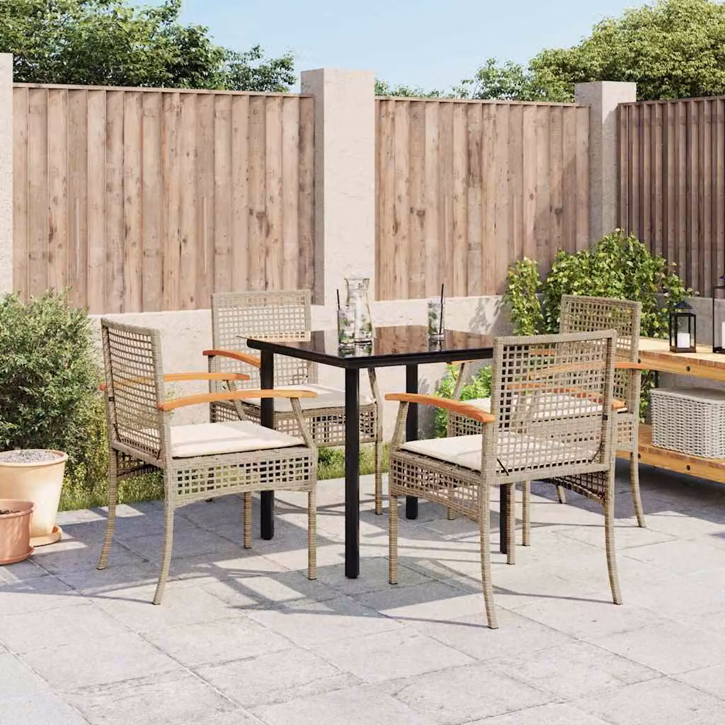 Set da pranzo da giardino vidaXL in polyrattan e legno di acacia con cuscini beige e piano in vetro, 5 pezzi