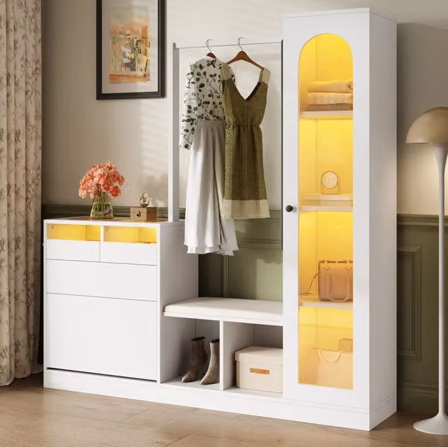 Mobile da ingresso multifunzione ULEVR 163x50x161 cm con LED controllabile via app, specchio e scarpiera, bianco