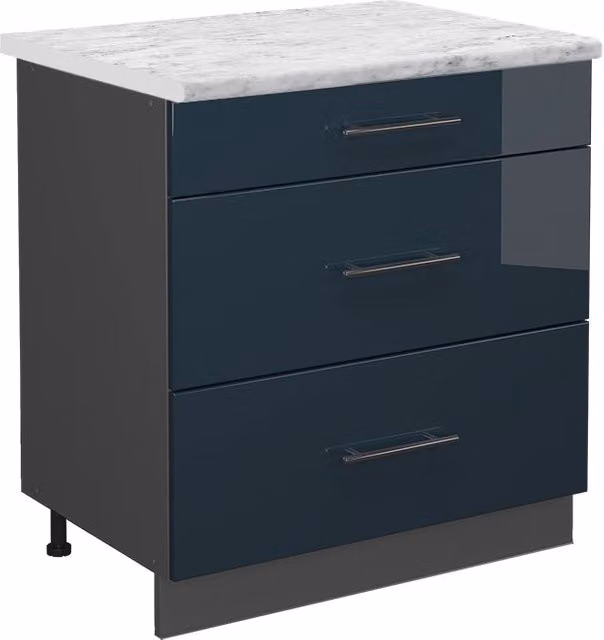 Mobiletto base per cucina Fame-Line Blu scuro lucido/Antracite 80 cm con 3 cassetti, PL Marmo Vicco