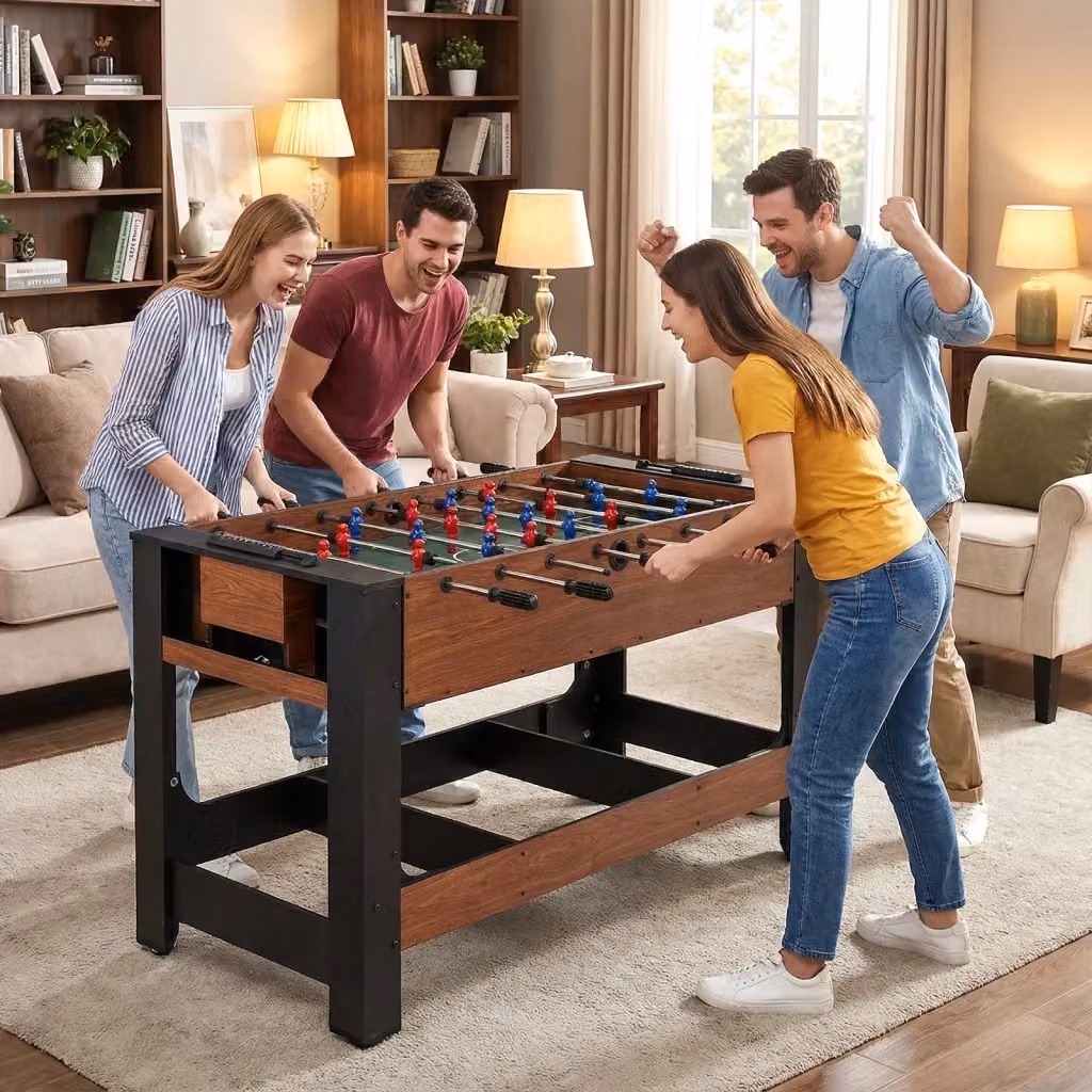 Tavolo da gioco multifunzione girevole con calcio balilla e biliardo in legno e metallo marrone per sala giochi e bambini – 2