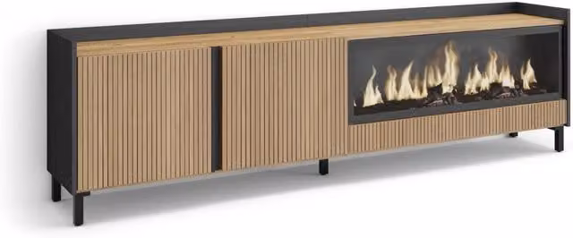 Mobile TV Soggiorno, 212x61x35 cm, Per TV fino a 80", Camino elettrico XXL, Design industriale, Rovere e nero