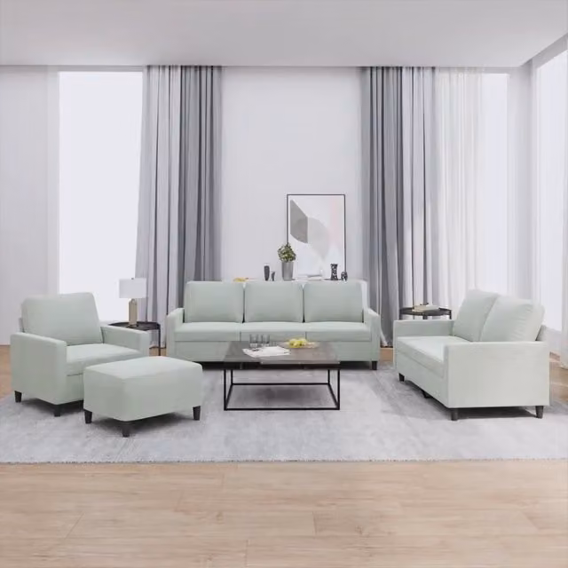 Set di divani moderno vidaXL in velluto grigio composto da divano a 3 posti, divano a 2 posti, pouf e cuscini