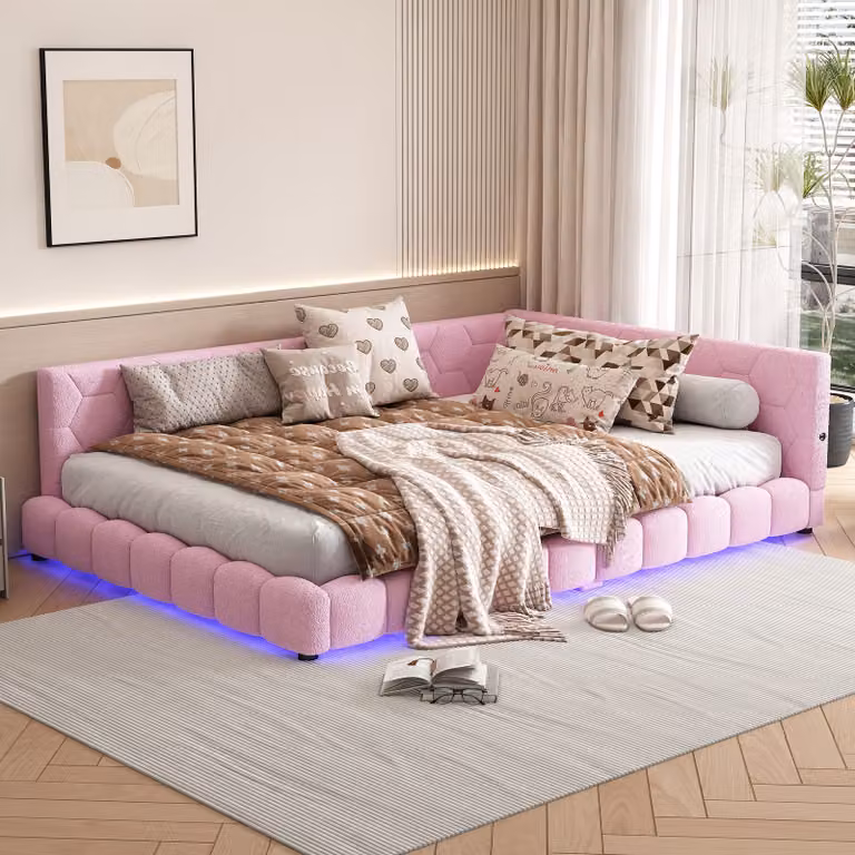 Letto imbottito Merax 140x200cm con LED e connessione USB, letto da giorno con rete a doghe, divano letto in peluche, letto funzionale matrimoniale letto per bambini rosa