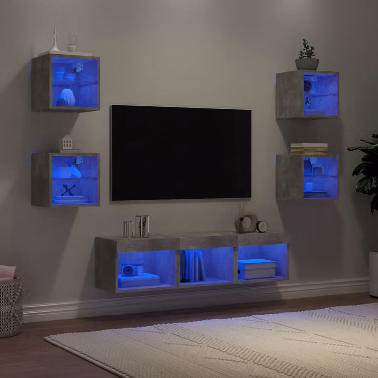 Mobile TV a muro vidaXL con illuminazione LED integrata, Grigio Cemento e Legno, 7 pezzi