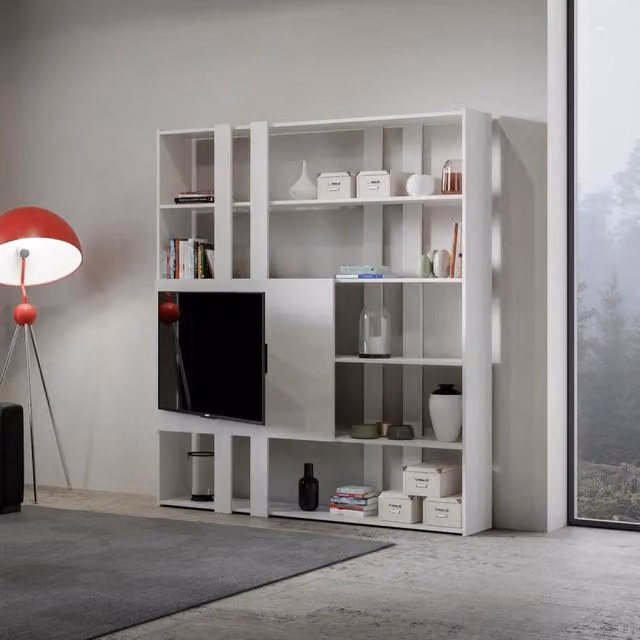 Composizione Libreria Kato 6R 2 fianchi 2 fasce lunghe 2 fasce corte 2 fasce medie pannello TV - Bianco Frassino,H
