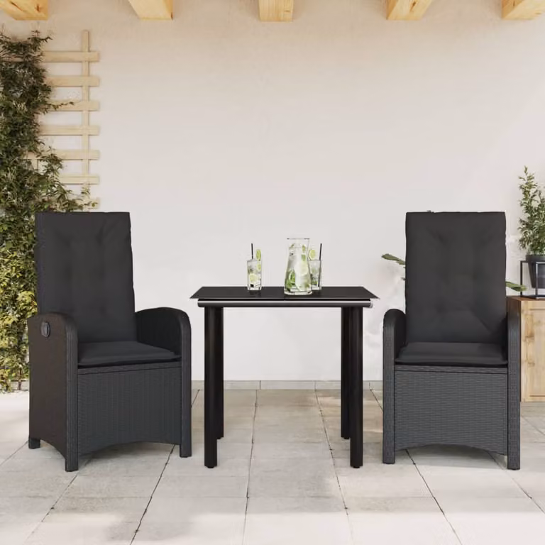 Set da Pranzo da Giardino 3 pz vidaXL in Polyrattan Nero con Cuscini e Tavolo in Vetro