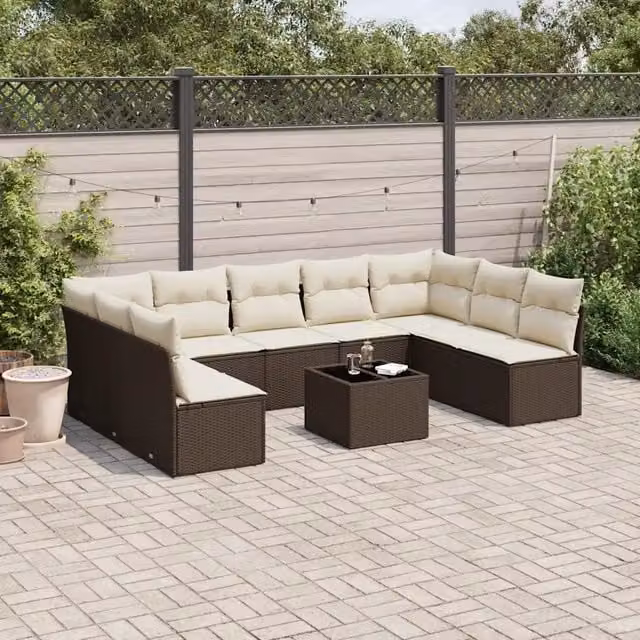 Set Divani da Giardino 10pz con Cuscini in Polyrattan Marrone 3218083
