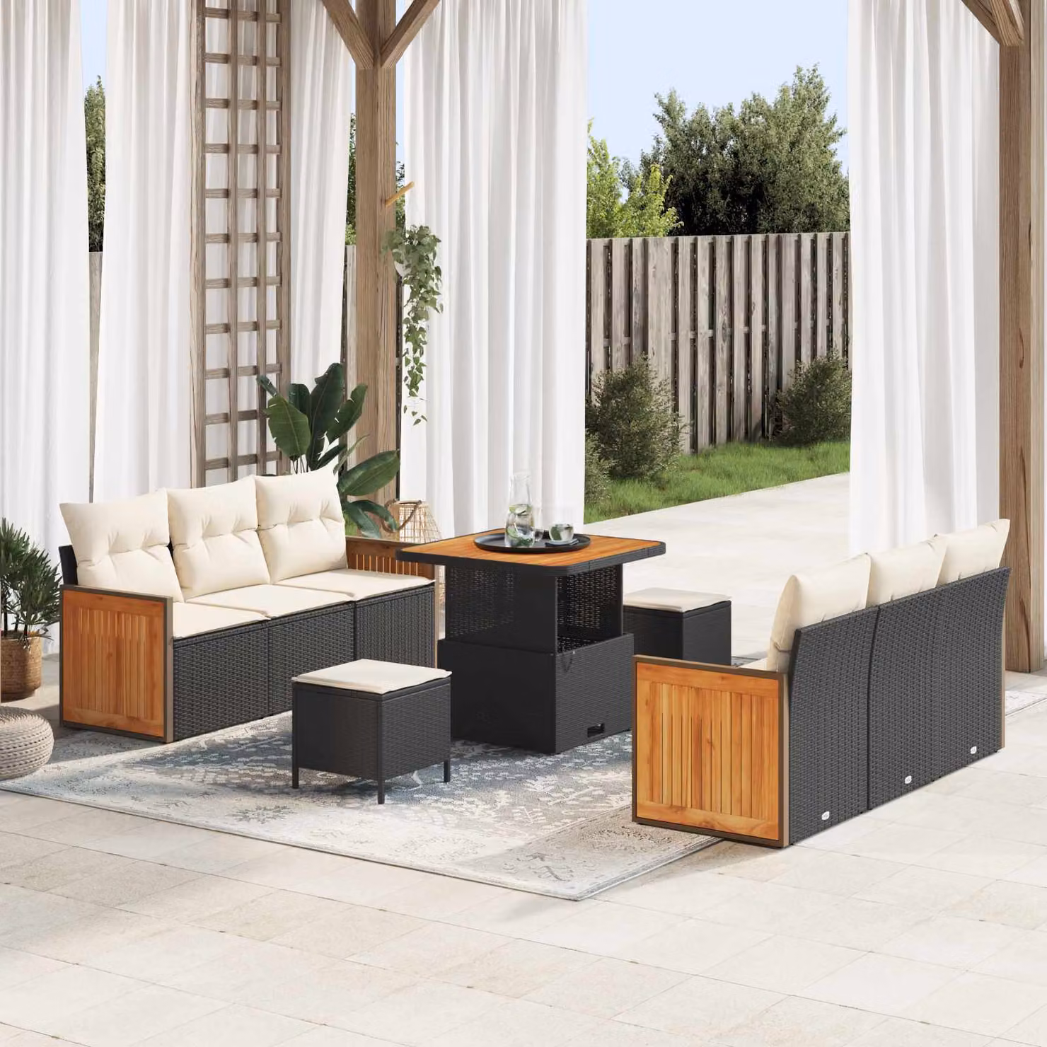 vidaXL Set Divano da Giardino 9 Pezzi a Forma di U con Cuscini Nero e Beige – 1