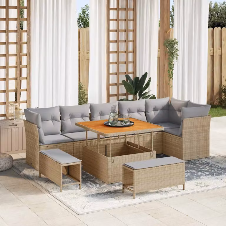 Set Divano da Giardino Moderno vidaXL in Polyrattan Beige con Cuscini e Tavolino da Esterno 9 Pezzi
