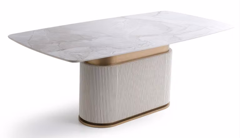 Tavolo da pranzo moderno, bianco e dorato, con finitura effetto marmo, rettangolare, con gambe a colonna, design elegante