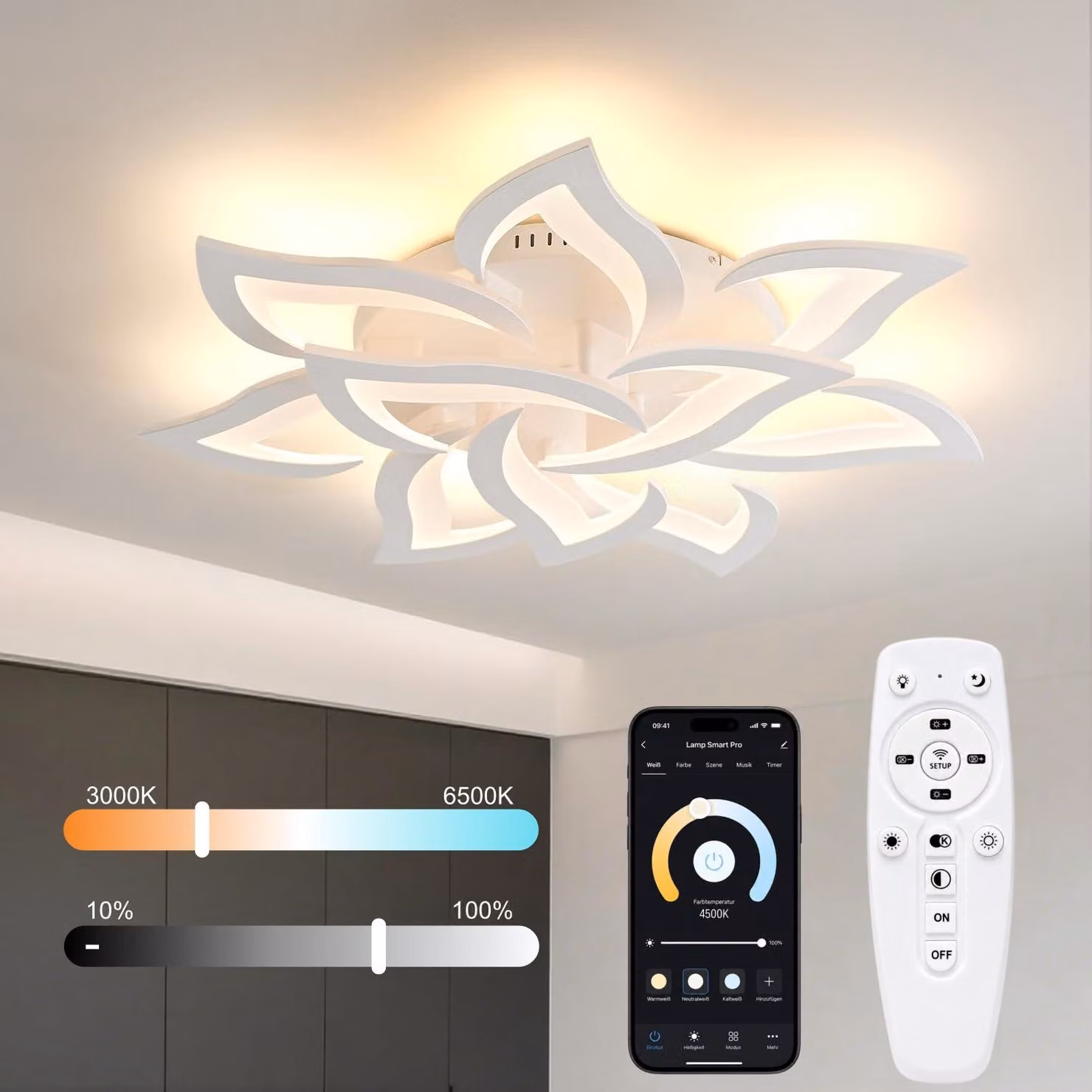 Lampada a soffitto LED, 80 cm, bianca – Moderna lampada da soffitto con controllo tramite app e telecomando, 66W, 3000–6500K, dimmeraggio continuo, funzione di memorizzazione, luce notturna e timer, krea