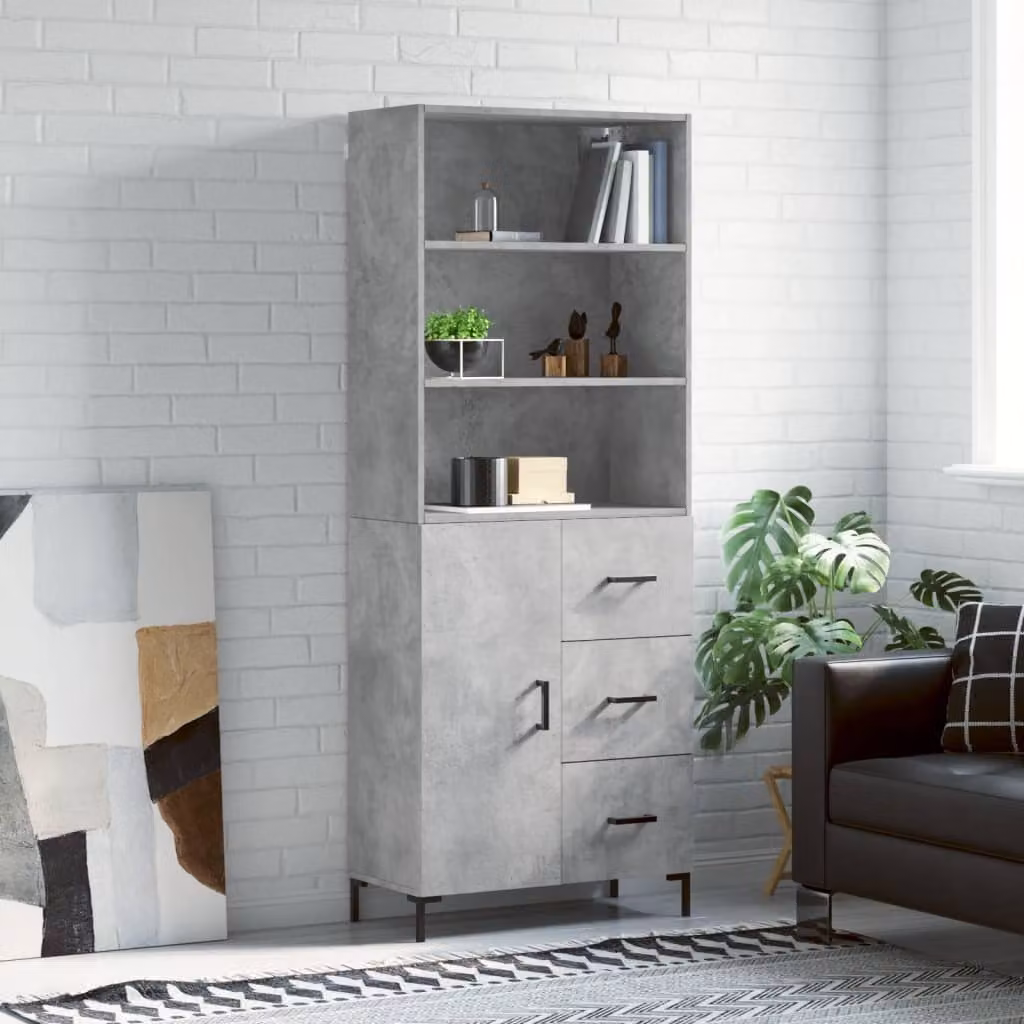 Credenza moderna vidaXL in legno e metallo, Grigio Cemento, L: 69,5 cm, P: 34 cm, H: 180 cm