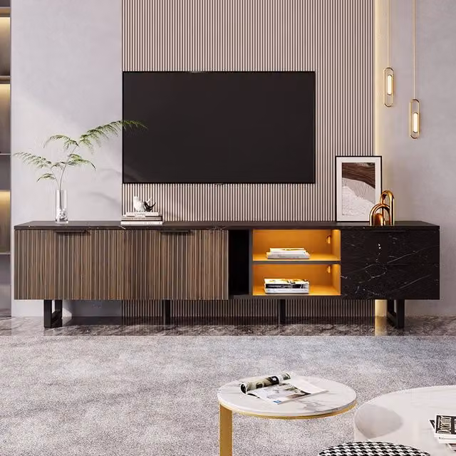 Meuble TV marbre portes bois sombre LED r??glable deux portes deux tiroirs Noir - Xylo - Marbre, bois scuro, LED regolabile
