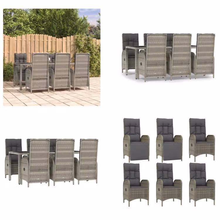 vidaXL Set da pranzo da giardino 7 pezzi con cuscini in poly rattan grigio - Set da pranzo da giardino - Set da pranzo da giardino - Set da pranzo da terrazza