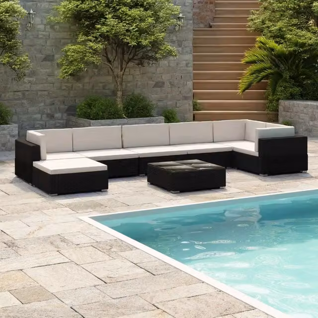 Set Divani da Giardino 8 pz con Cuscini in Polyrattan Nero 41271