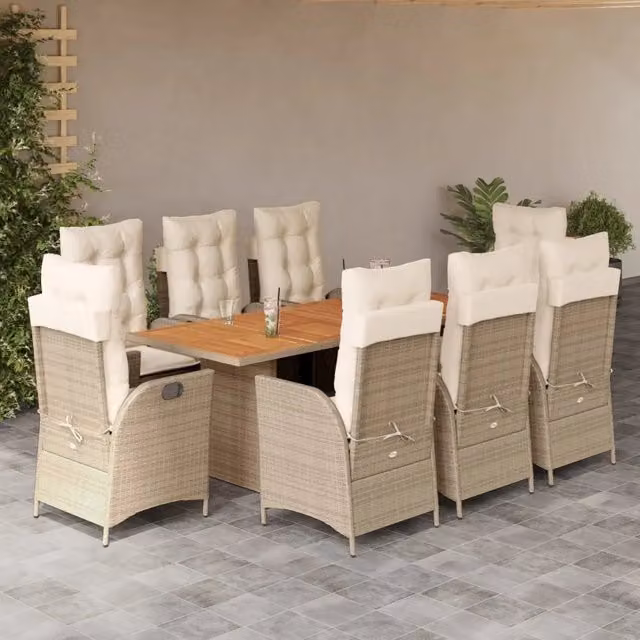 Set da Pranzo da Giardino vidaXL in Legno di Acacia e Polyrattan con Cuscini Beige e Bianchi, 9 Pezzi