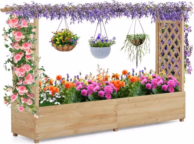 Letto da giardino rialzato in legno di abete con traliccio laterale e tetto pensile, colore marrone naturale – 1