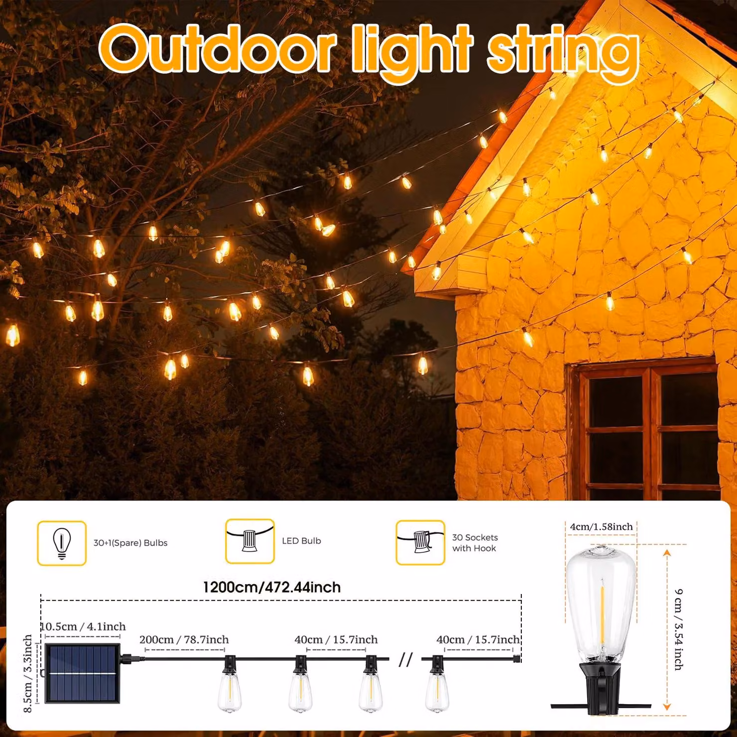 Catena luminosa solare - Illuminazione esterna ST38 - 12 metri - 30 lampadine LED a forma di uovo - Telecomando - Dimmerabile - Grado di protezione IP44