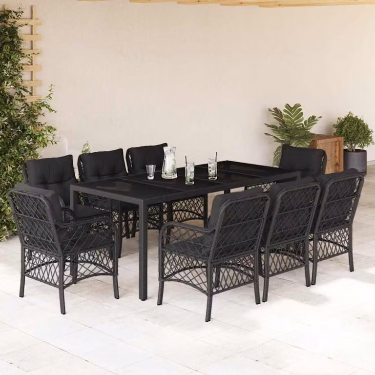 Set da Pranzo da Giardino vidaXL 9 pz in Polyrattan Nero con Cuscini e Tavolo in Vetro