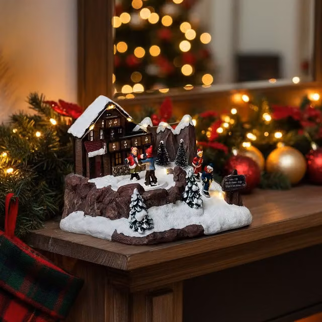 Villaggio Natale con chalet e pattinatori animati 9 luci LED