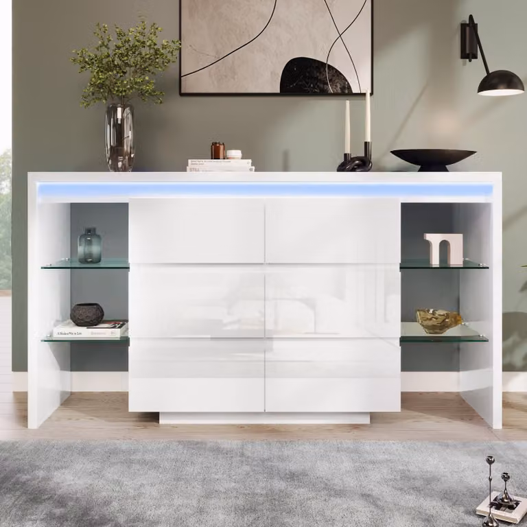 Comodino Flieks con 6 cassetti, mobile contenitore per soggiorno con 4 ripiani in vetro, credenza con finitura in ecopelle, mobiletto laterale laccato lucido, 155x40x80 cm, bianco