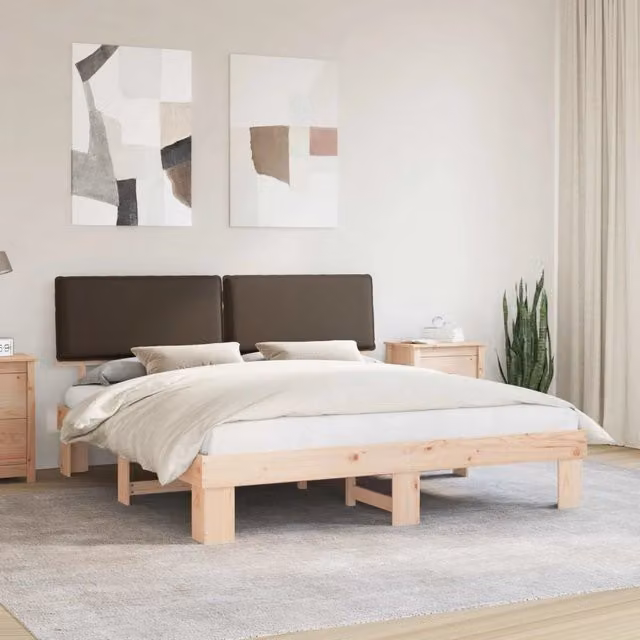 Letto con Testiera Rivestita in Tessuto Beige e Struttura in Pino Massello vidaXL 200 x 200 cm – 1