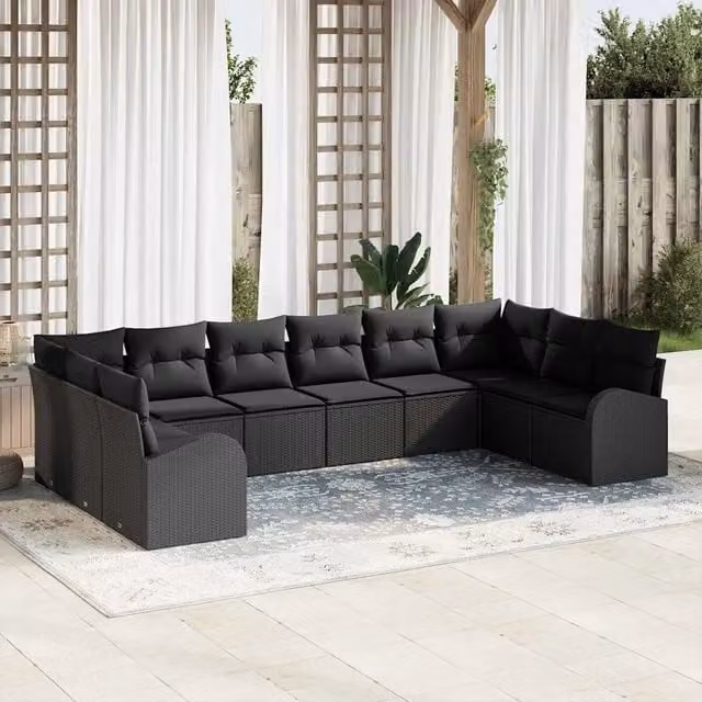 Set di divani con cuscino 10 pcs Nero Polyrattan