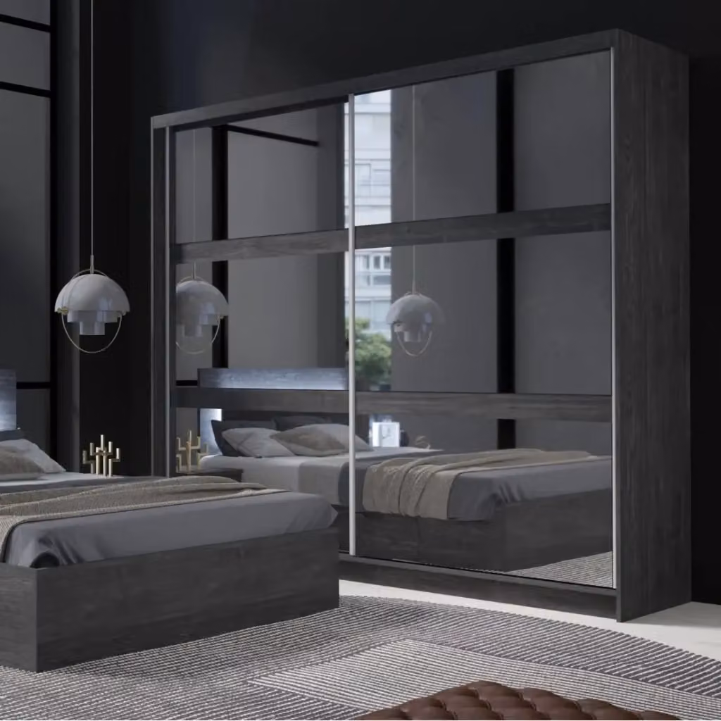 Armadio Meublorama VELTIS con 2 ante scorrevoli e specchio, colore frassino nero, L: 230 cm, H: 215 cm – 2