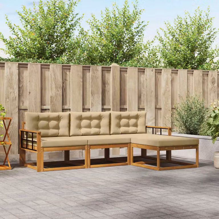 Set di divani da esterno vidaXL in legno di acacia con cuscini, composizione a L con pouf, colore beige e marrone