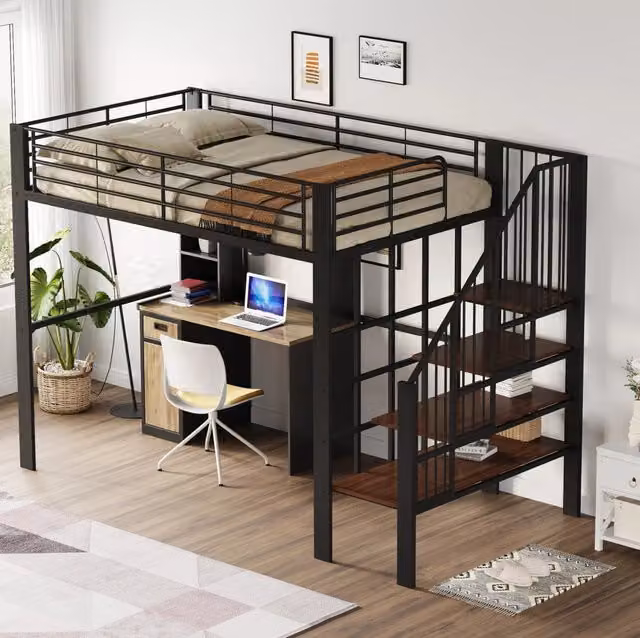 Letto a soppalco 140x200 cm nero in metallo e legno con spazio sottostante e scala