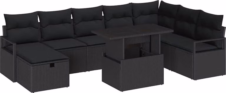 Set Divano da Giardino con cuscino 9 pcs Nero Poly Rattan