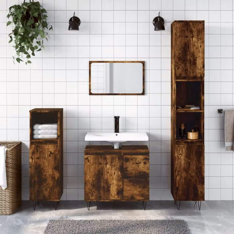 Set di mobili da bagno moderno vidaXL in legno e metallo color rovere fumo, composto da 3 pezzi: mobile lavabo, mobile alto e mobile laterale